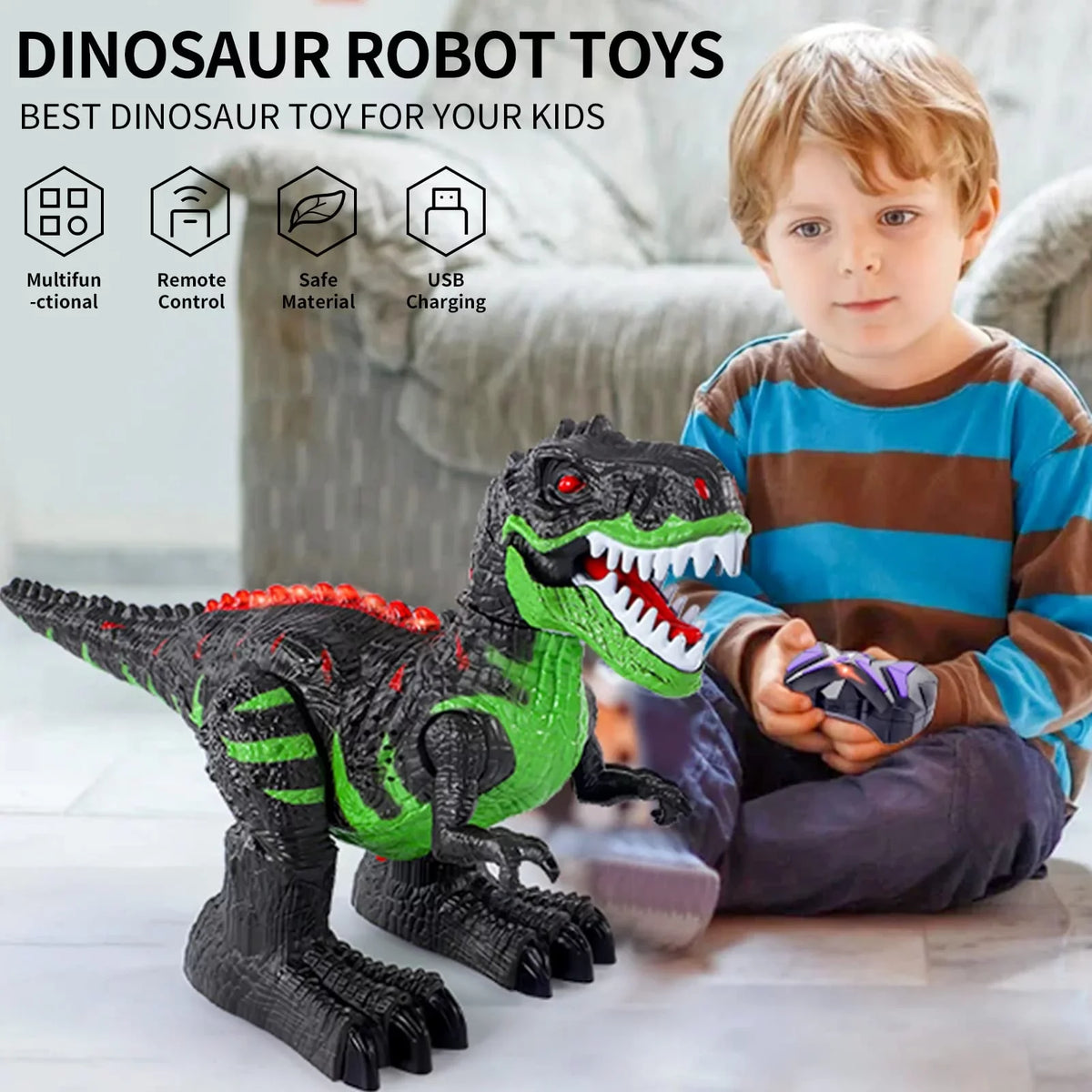 UUGEE Remote Control Dinosaur Toys for Boys Girls 2.4G RC Robot T-rex with Light Sizeound, Black