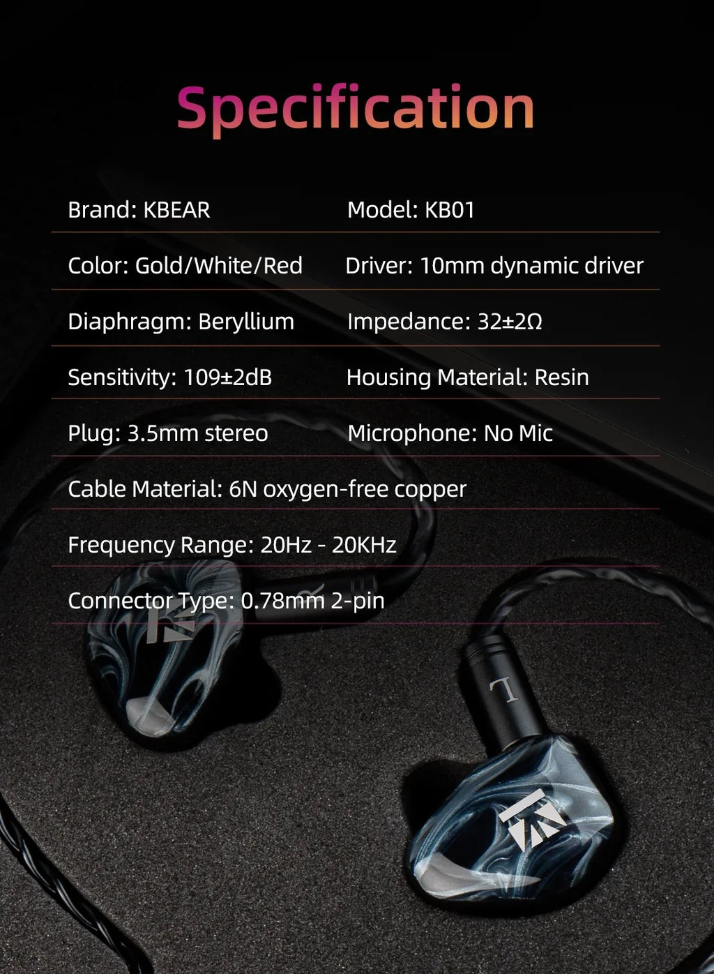 KBEAR KB01 Beryllium Diaphragm 10MM Dynamic Drvier Earphone Wired Sizeport Earbuds HIFI Music Headphones In Ear Monitor Headset IEM