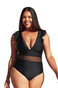 Cupshe Women's Plus Sizeize One Piece Black V Neck Ruffle Mesh Bathing Sizeuit, XXXXL