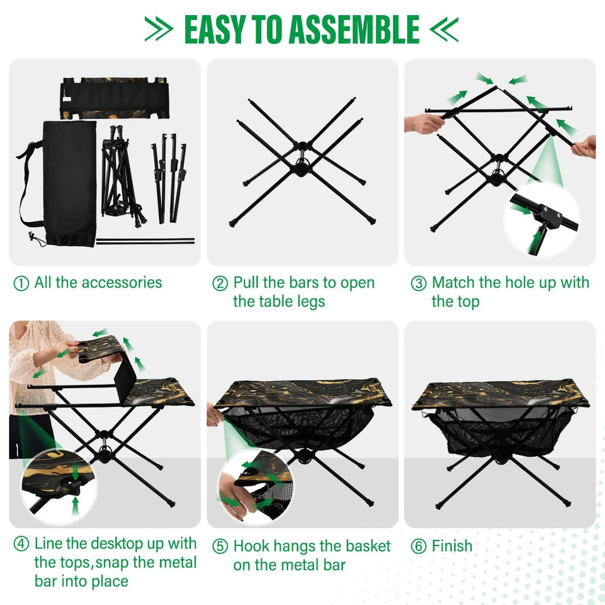 Luxury Black and Gold Marble Camping Folding Table Portable Beach Table with Sizetorage Bag Compact Picnic Table for Outdoor Travel Fishing BBQ