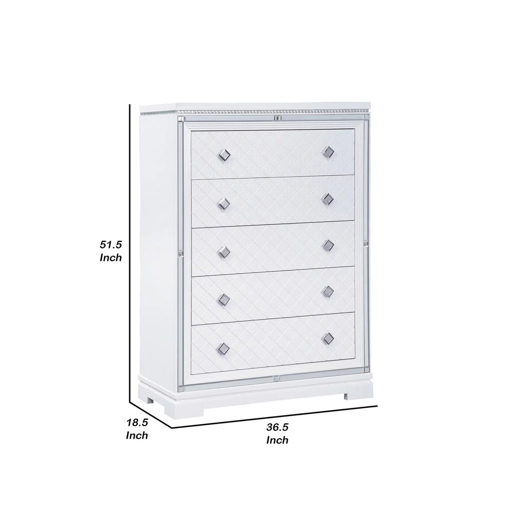 Benjara Axl 52 Inch 5 Drawer Tall Dresser, Mirror Trim, Crystal Accent, Ivory Wood