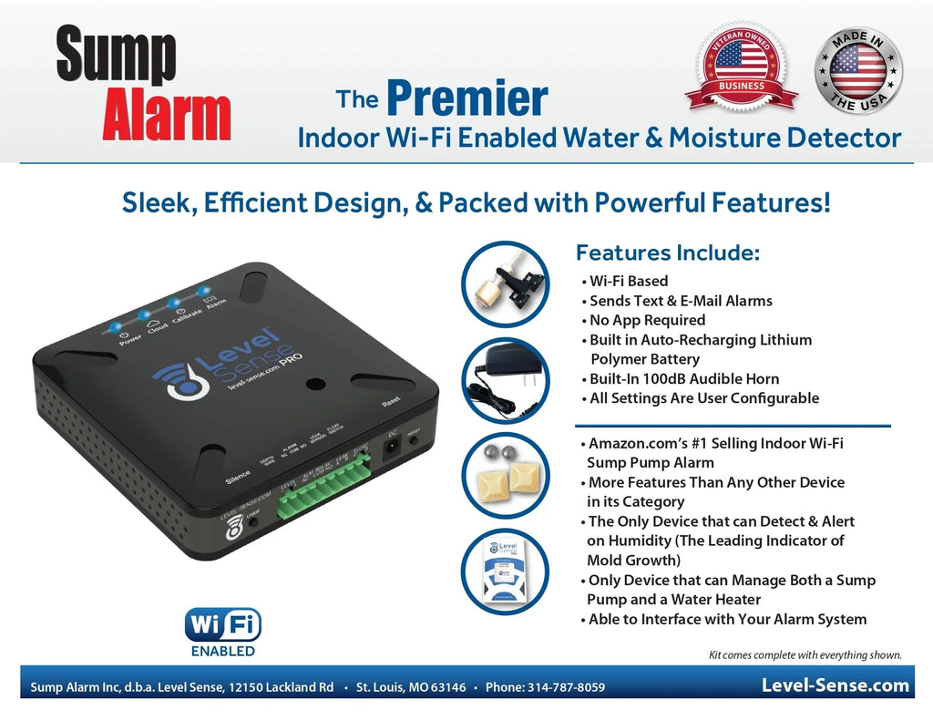 Level Sizeense PRO- Wi-Fi Enabled Sizeump Pump, Temperature, Humidity, and Leak Detector