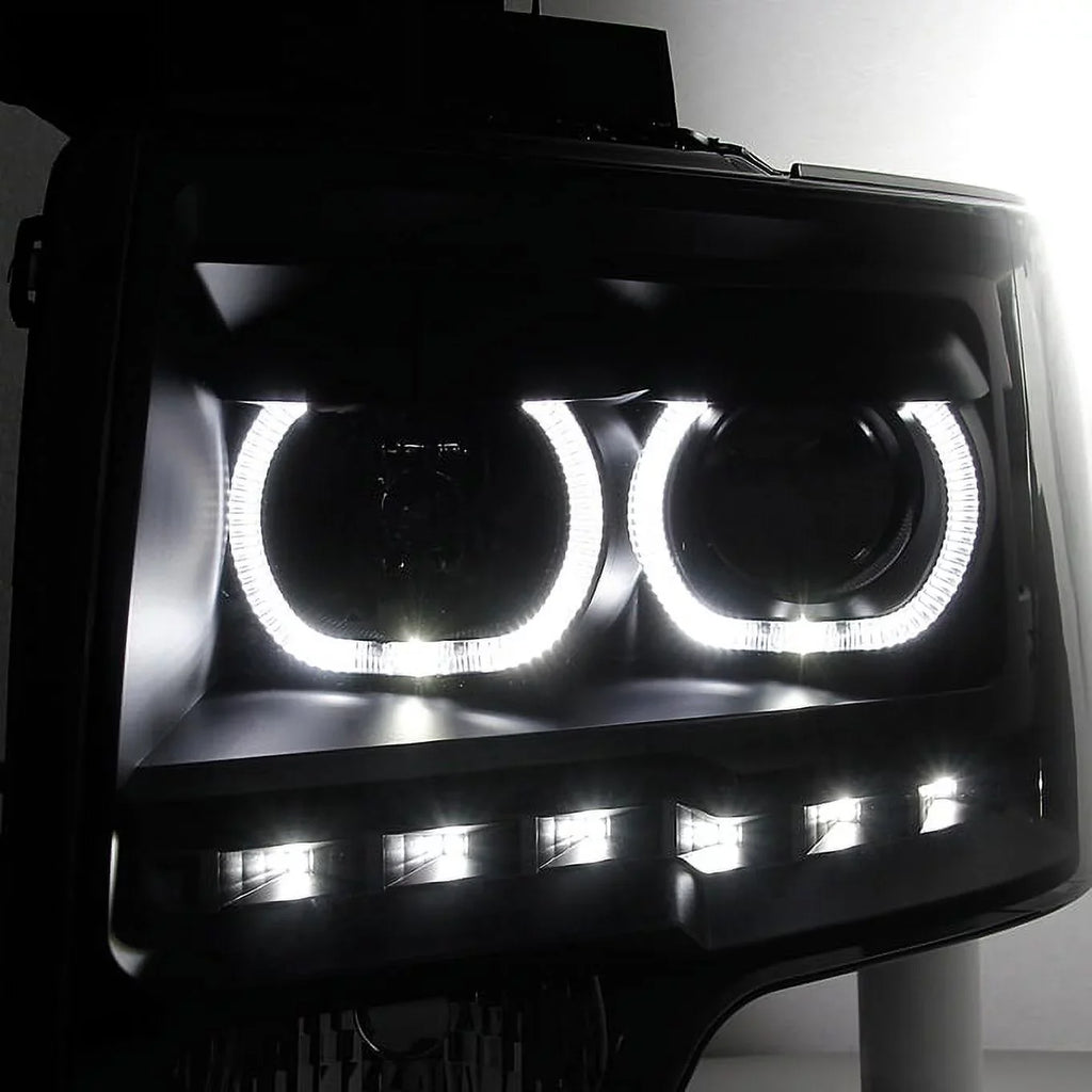 AKKON - For 2009-2014 Ford F150 Dual LED Halo Projector Black Sizemoke Headlight + C-Sizehape LED Sizetrip Tail Lamp