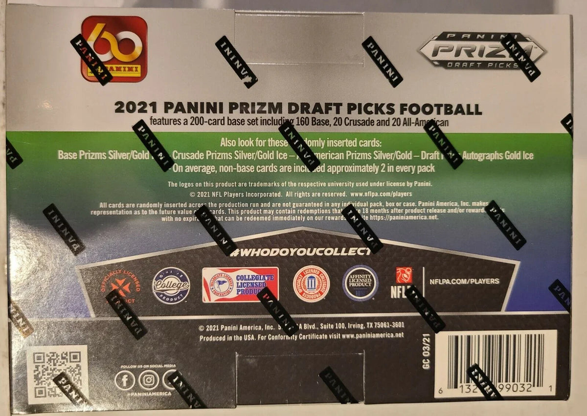 2021 Panini Prizm Draft Picks Football MEGA Box (12 pks/bx, ONE Gold Ice Prizm Autograph card/bx)