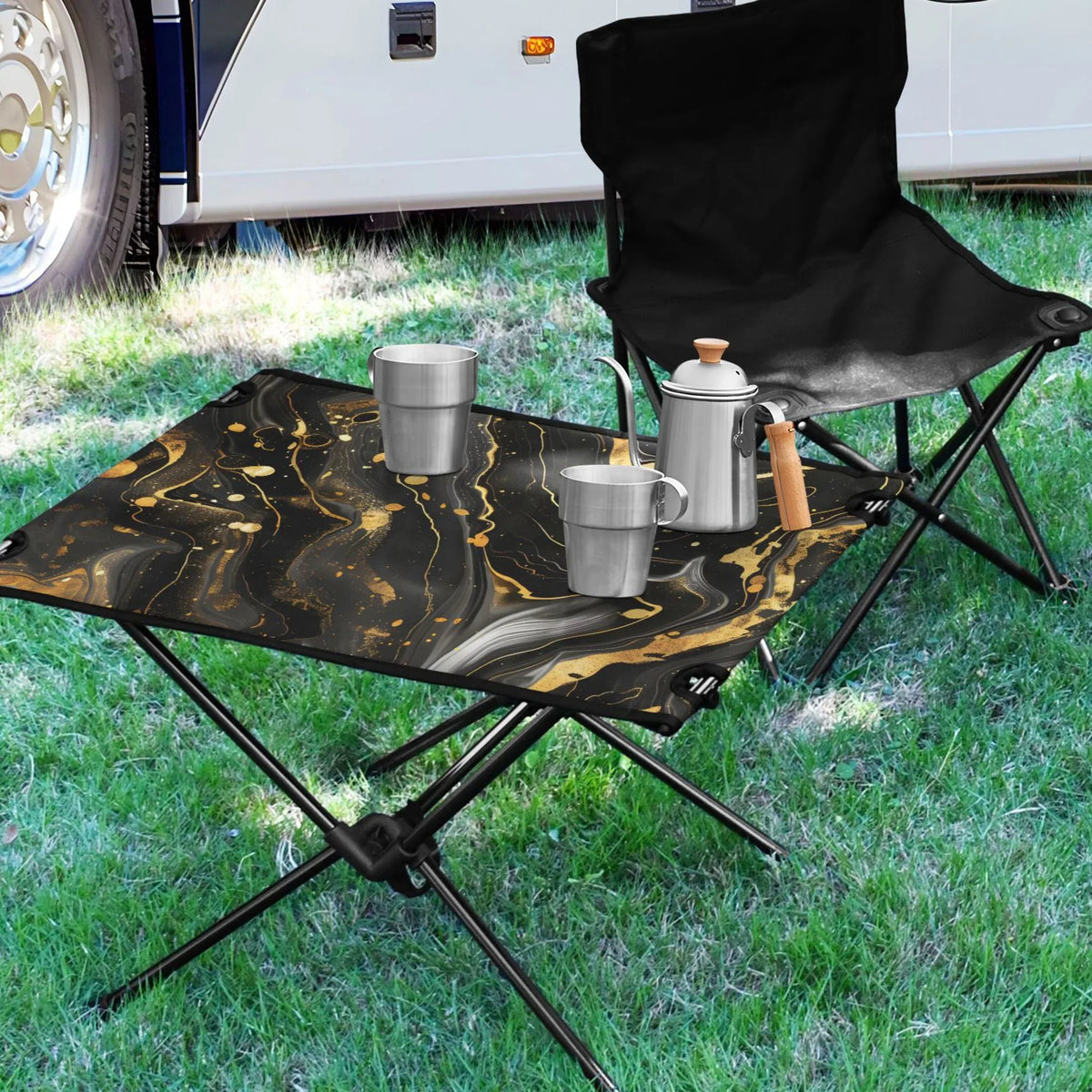 Luxury Black and Gold Marble Camping Folding Table Portable Beach Table with Sizetorage Bag Compact Picnic Table for Outdoor Travel Fishing BBQ