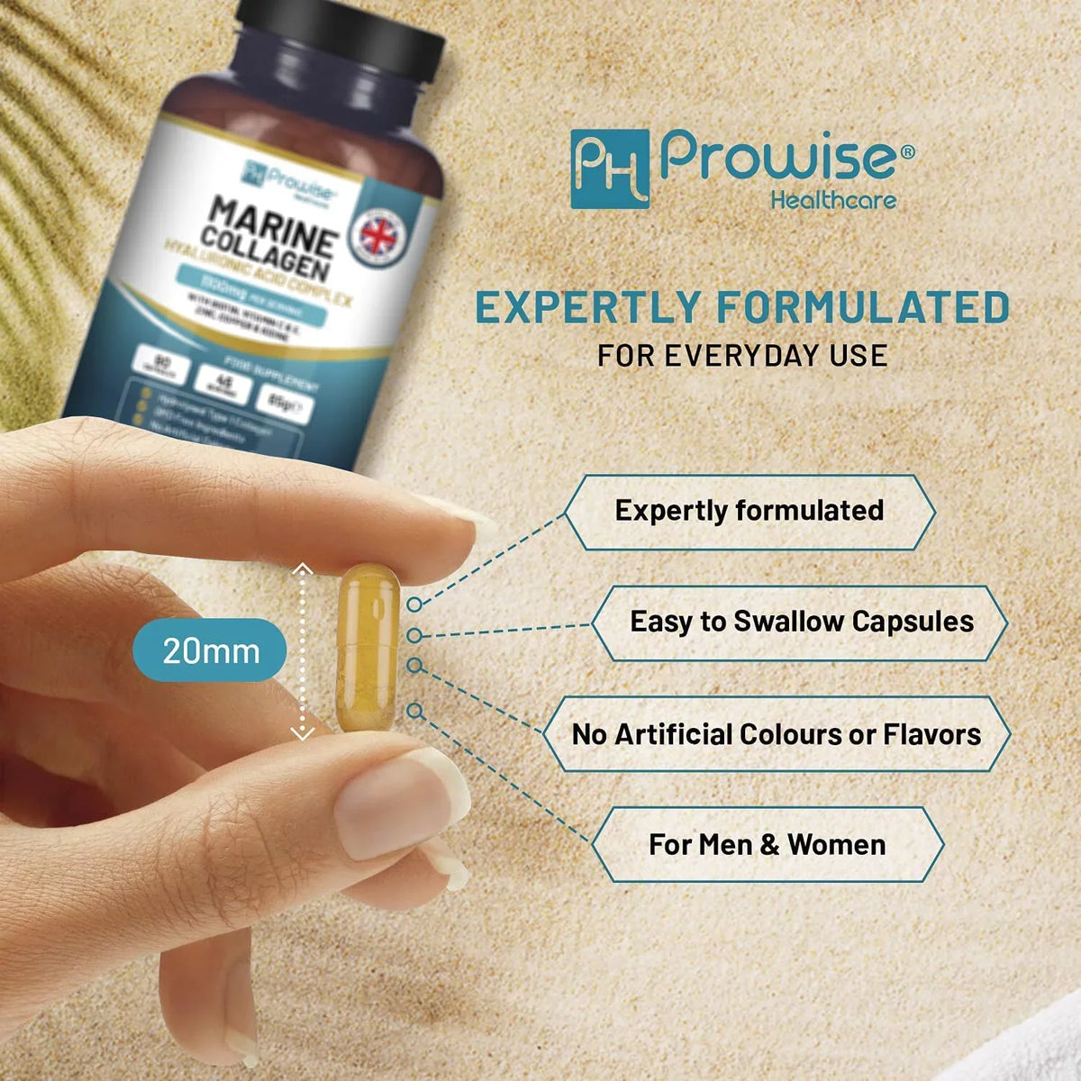 Marine Collagen with Hyaluronic Acid 1100mg - 90 Capsules Boosted with Hyaluronic Acid, Vitamins C, E, B2, Biotin, Copper, Zinc and Iodine | for Women and Men | Made in The UK by Prowise Healthcare