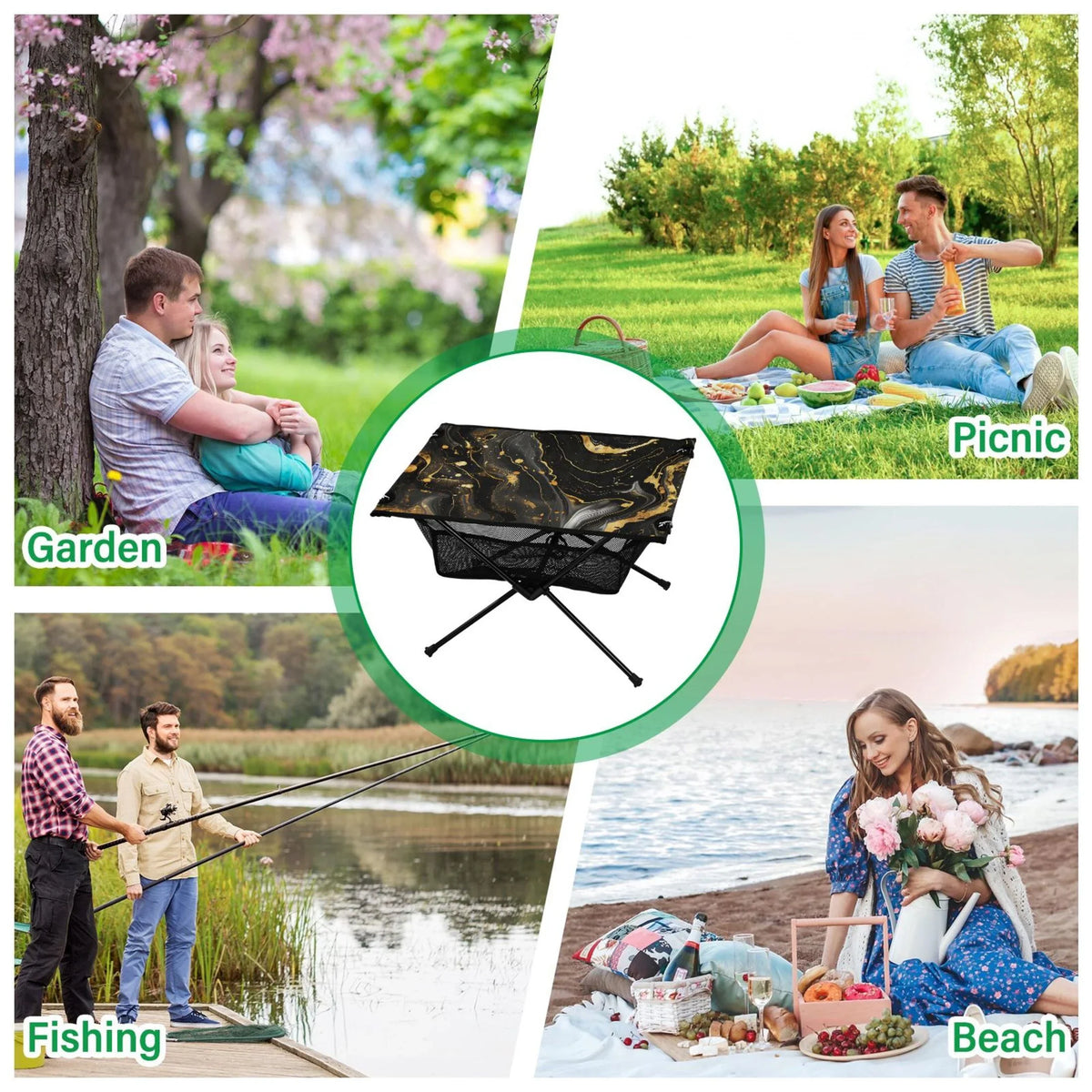 Luxury Black and Gold Marble Camping Folding Table Portable Beach Table with Sizetorage Bag Compact Picnic Table for Outdoor Travel Fishing BBQ