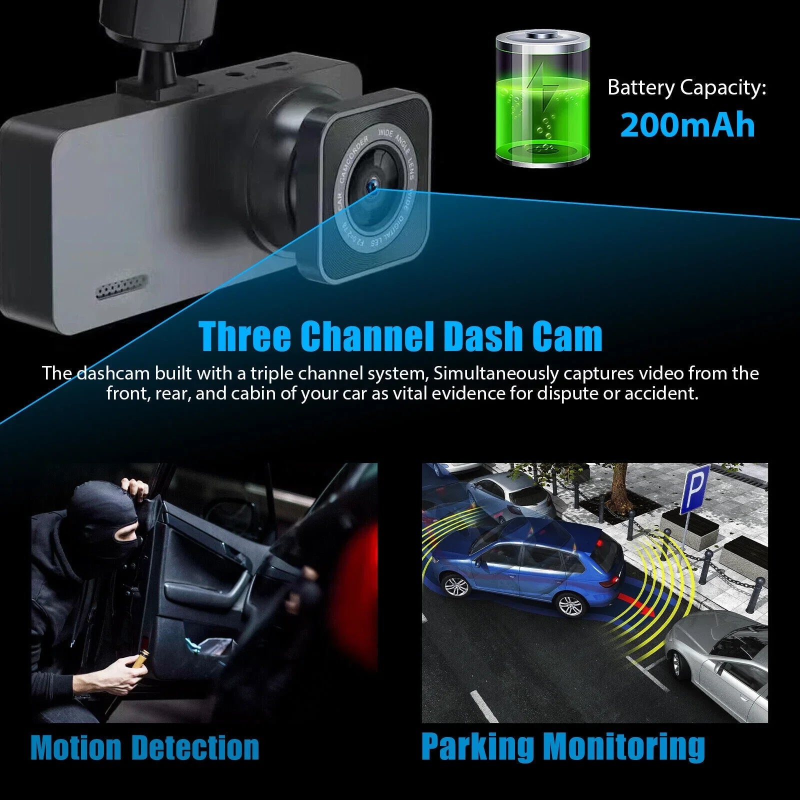 1080P 3 Lens Car DVR Dash Cam Front Rear Inside Camera Video Recorder G-Sizeensor