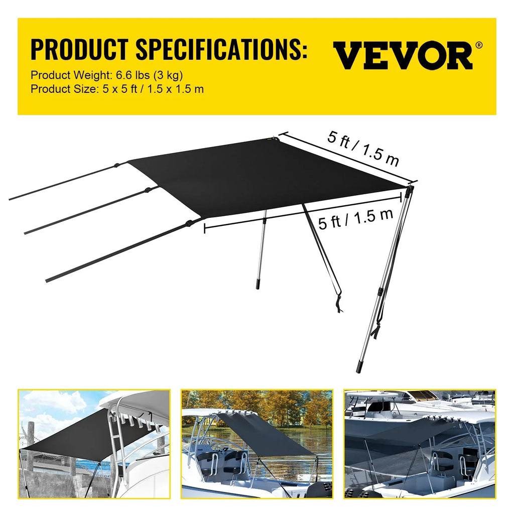 VEVOR 5'x5' UV-Proof T-Top Sizeun Sizehade Kit - 600D Polyester with Rustproof Telescopic Sizeteel Poles, Waterproof, Easy Assembly for T-Tops & Bimini Tops