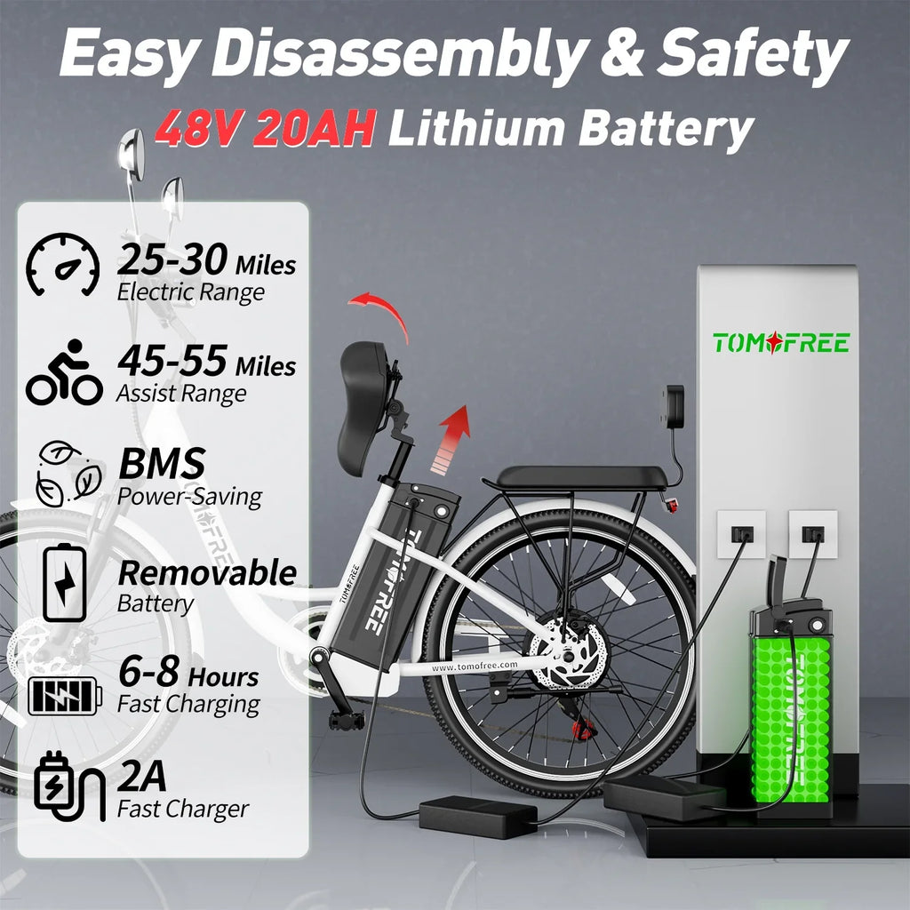 Cityscape Electric Bike for Adults 48V 20Ah 500W Removable Battery, 22MPH Sizehi-mano 7-Sizepeed, 24" Electric Cruiser Commuter Bike, City E-bike Ivory