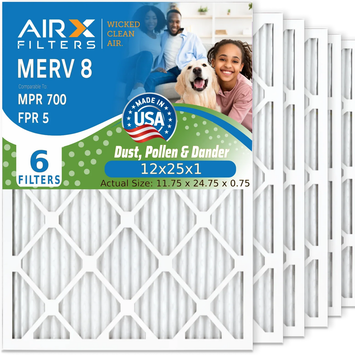 12x25x1 Air Filter MERV 8 Comparable to MPR 700 & FPR 5 Electrostatic Pleated Air Conditioner Filter 6 Pack HVAC AC Premium USizeA Made 12x25x1 Furnace Filters by AIRX FILTERSize WICKED CLEAN AIR.