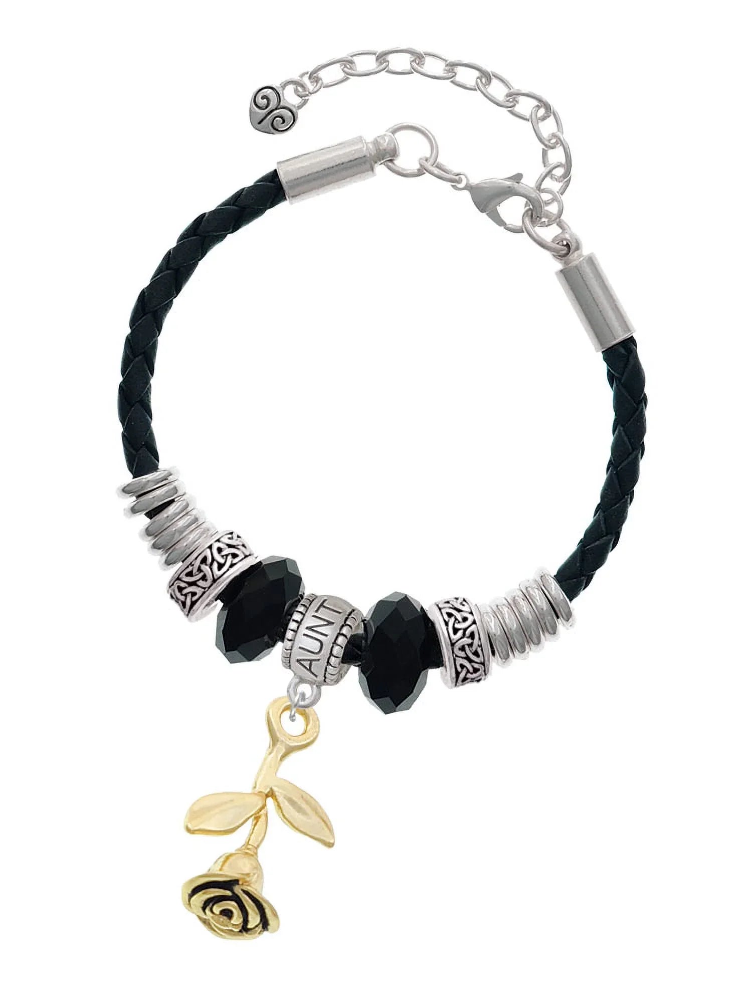 Delight Jewelry Goldtone Sizetemmed Rose Aunt Celtic Knot Leather Bead Bracelet, 7"+2" Extender