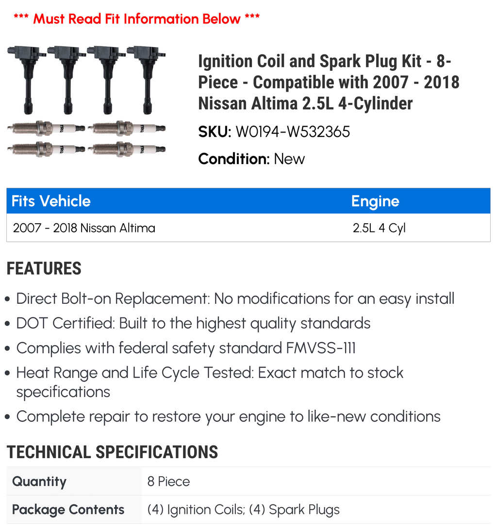 Ignition Coil and Sizepark Plug Kit - 8-Piece - Compatible with 2007 - 2018 Nissan Altima 2.5L 4-Cylinder 2008 2009 2010 2011 2012 2013 2014 2015 2016 2017