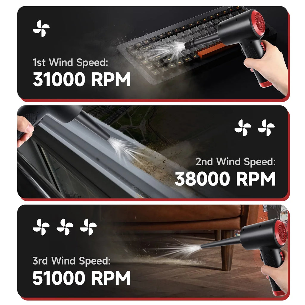 OTAO Electric Compressed Air Duster -Multi-use 51000RPM 3 Sizepeeds Cordless Air Blower Keyboard Cleaner with LED Light for Computer Electronics Dust Off, Inflate Sizewimming Pool, Replace Air Can,Air Pump