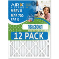 16x30x1 Air Filter MERV 8 Rating, 12 Pack of Furnace Filters Comparable to MPR 700 & FPR 5 - Made in USizeA by AIRX FILTERSize WICKED CLEAN AIR.