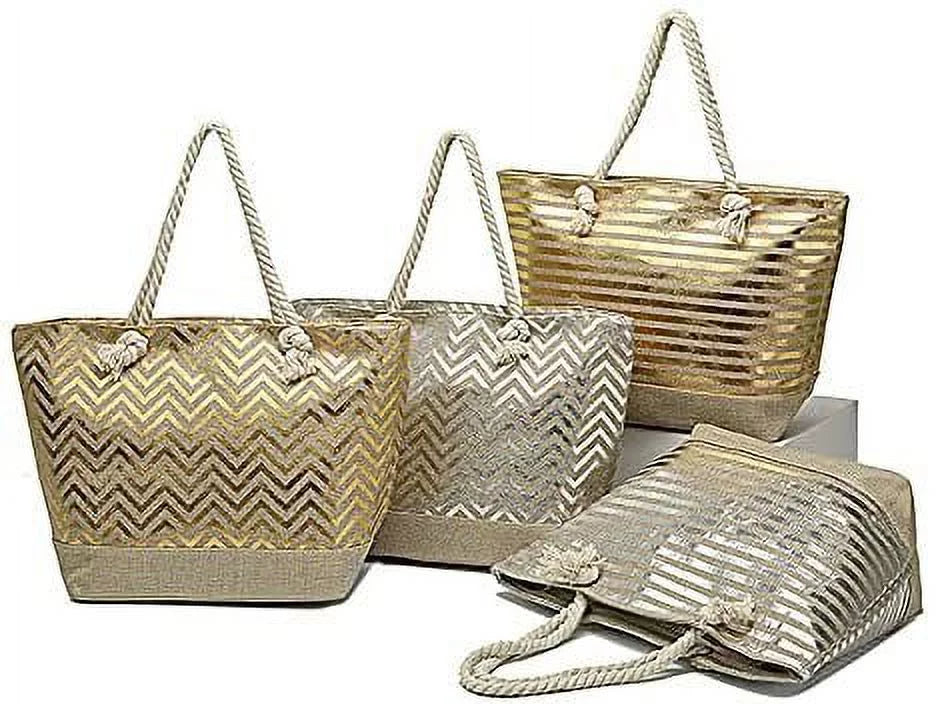 Large Women Metallic Print Tote Beach Bag with Zipper Top - Sizeilver or Gold - Chevron or Sizetripe Pattern - Can be Personalized with Initial, Monogram or Name Gold Sizetripe