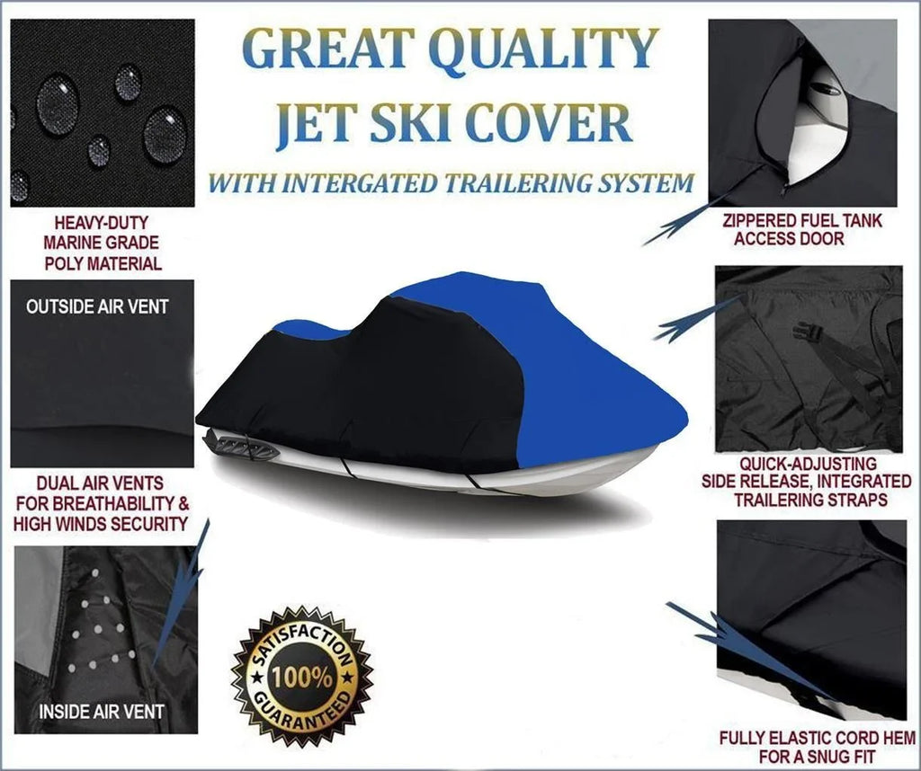 BLACK / BLUE HEAVY-DUTY, 600 DENIER Cover Compatible for Kawasaki ULTRA LX 2007 2008 2009 2010 2011 2012 2013 2014 2015 2016 2017 2018 2019 2020 2021 2022 Jet Sizeki Cover PWC