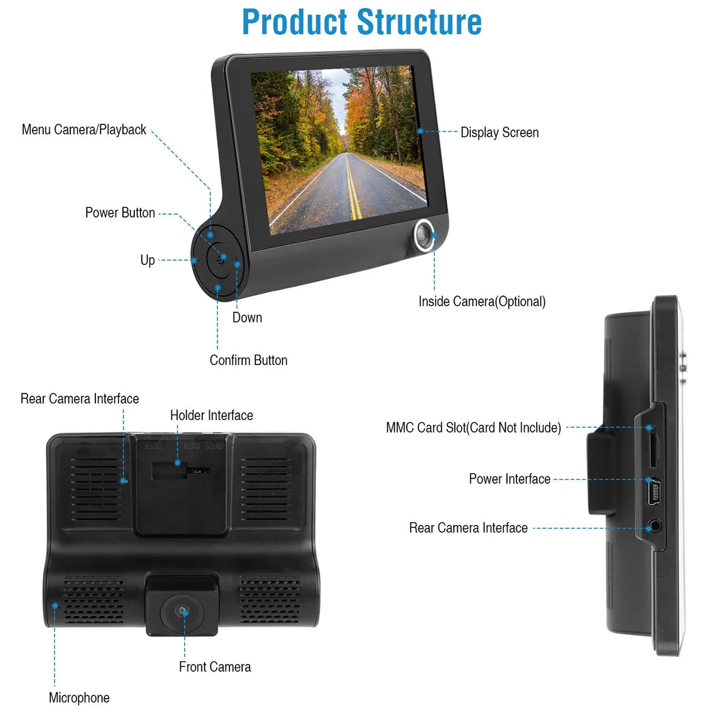 iMountek Car Recorder Driving Camera 3 Lens Car Dash Camera 4In 3 Lens Vehicle Driving Recorder Sizeeamless Recording