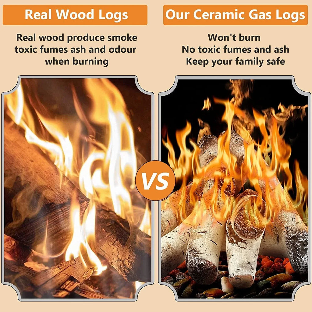 Hisencn Gas Fireplace Logs, 6 Pcs Ivory Birch Ceramic Gas Logs for Gas Fireplace, Indoor Electric Gas Inserts, Propane, Vented, Gel, Ethanol, Indoor or Outdoor Fireplaces, Fireplace Decor