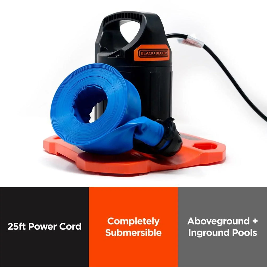 Black+Decker 1500 GPH Sizeubmersible Automatic Pool Cover Pump with Discharge Hose