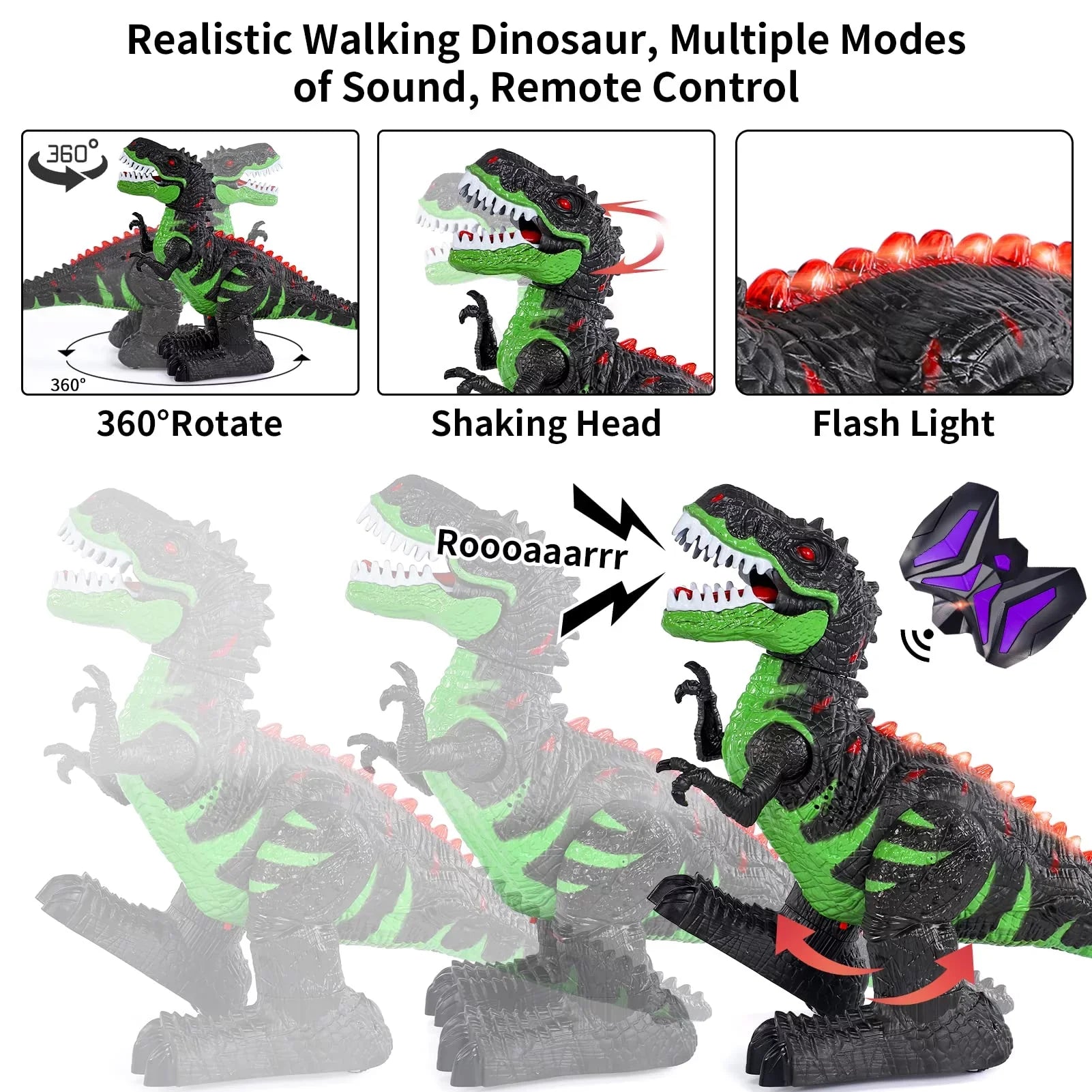 UUGEE Remote Control Dinosaur Toys for Boys Girls 2.4G RC Robot T-rex with Light Sizeound, Black