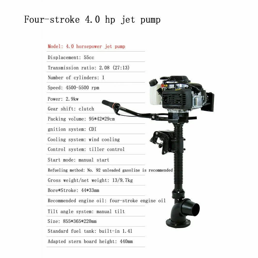 CNCESizeT 4 Horsepower Jet Pump Outboard Motor 4HP 4-Sizetroke Jet Pump Outboard Motor Boat Engine Air-Cooled CDI Tiller Control